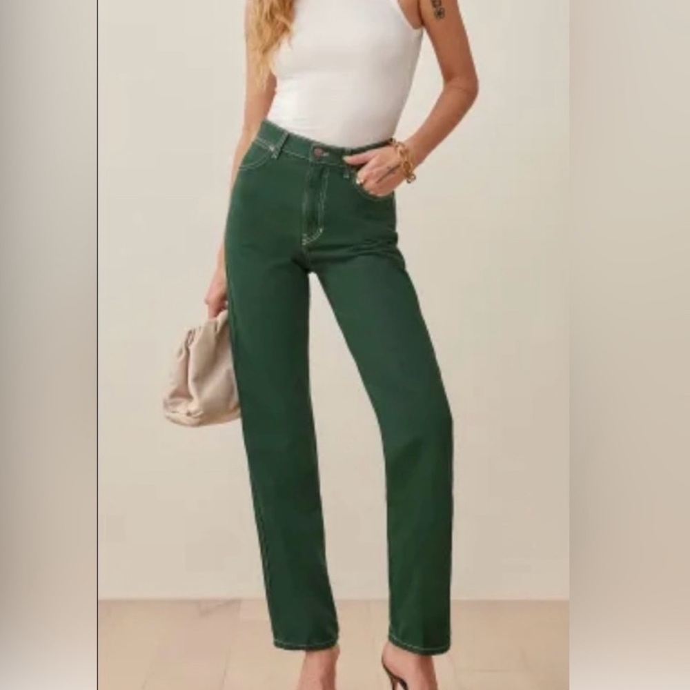 Reformation Cowboy High Rise Straight Leg Jean 26 Forest Emerald Green Festival‎
